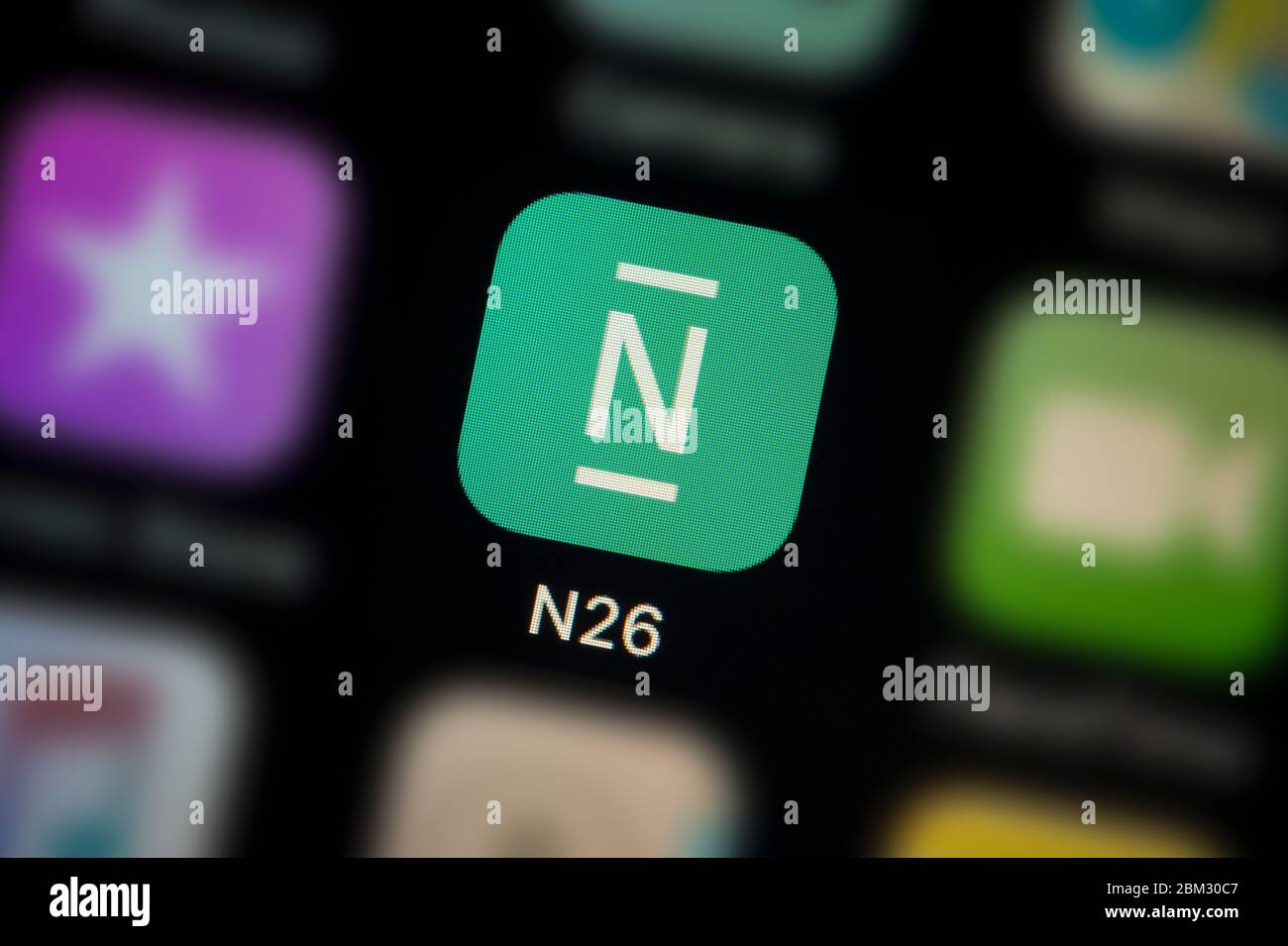 A close-up shot of the N26 Bank app icon, as seen on the screen of a smart phone (Editorial use only) Stock Photo