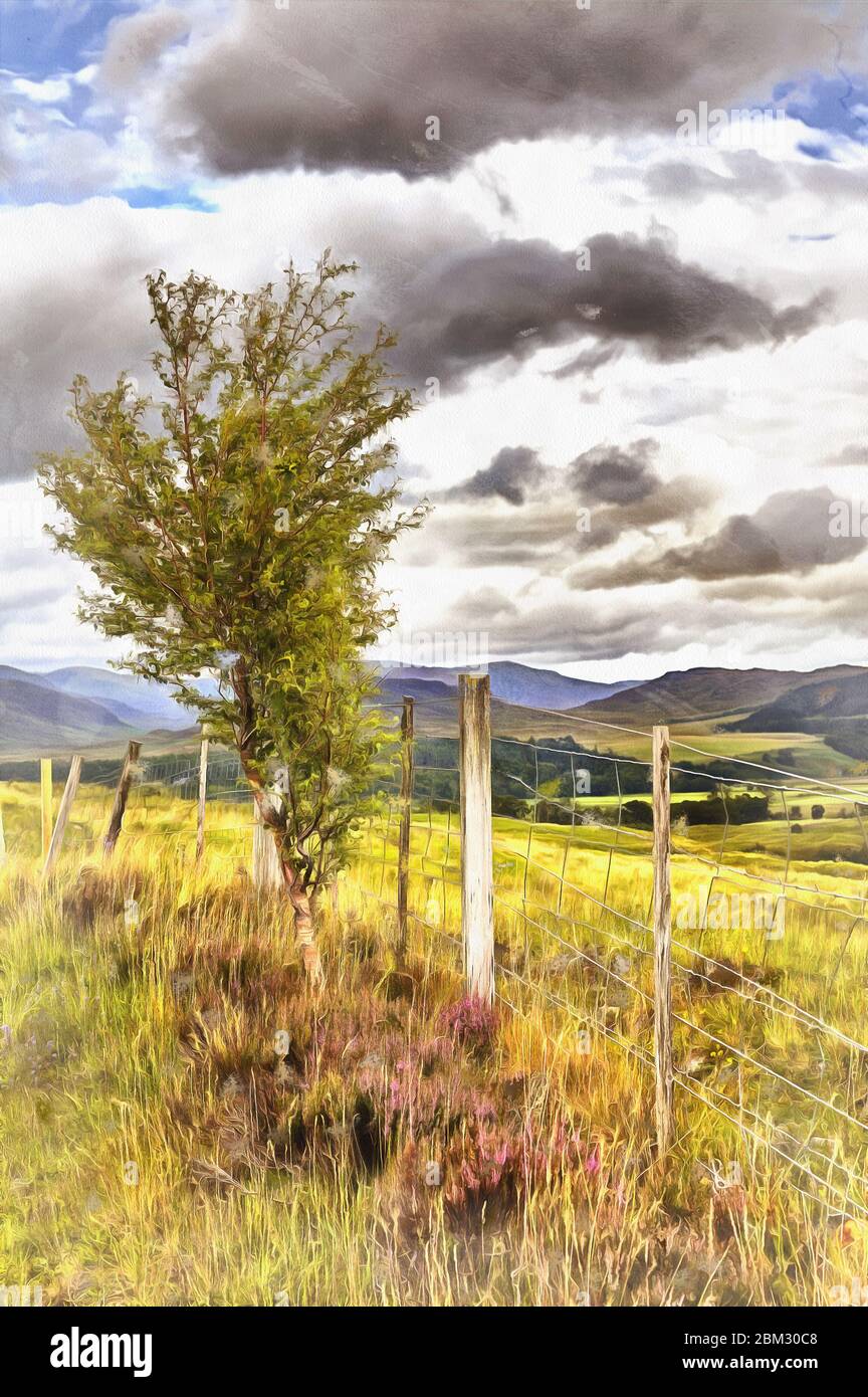 Highlands landscape colorful painting looks like picture, Scotland, UK