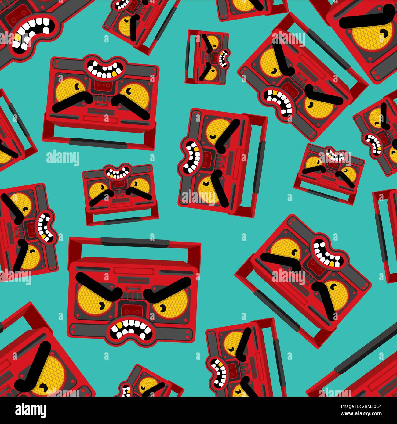 Angry Boombox pattern seamless. Grumpy Audio tape recorder background. vector texture Stock Vector