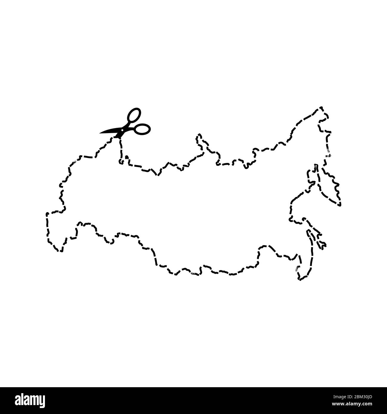 Russia map Scissors cut template. Dashed line continents of Russian country. vector illustration Stock Vector