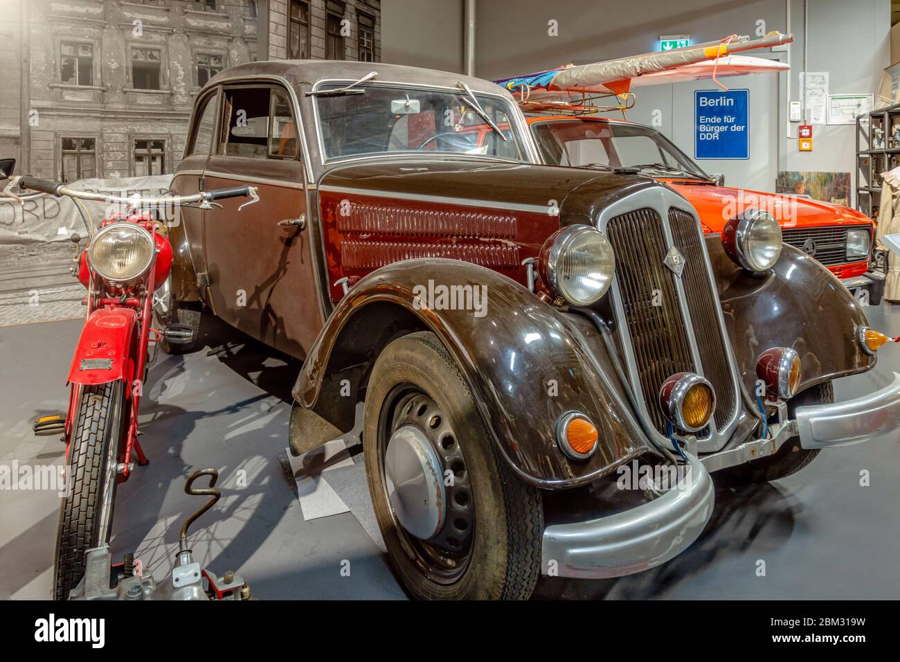 East German IFA F8 vintage car on display at the DDR Museum of Dresden, Saxony, Germany Stock Photo