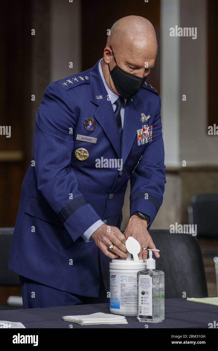 Washington, United States. 06th May, 2020. Chief of Space Operations at US Space Force General John Raymond prepares to testify before the Senate Armed Services Committee hearing on the Department of Defense Spectrum Policy and the Impact of the Federal Communications Commission's Ligado Decision on National Security during the COVID-19 coronavirus pandemic on Capitol Hill in Washington, DC, on Wednesday, May 2020. Pool Photo by Shawn Thew/UPI Credit: UPI/Alamy Live News Stock Photo