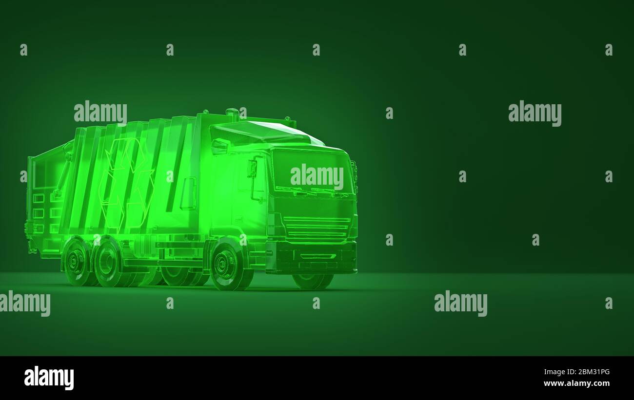 translucent glowing green dump trash truck with recycle symbol on green