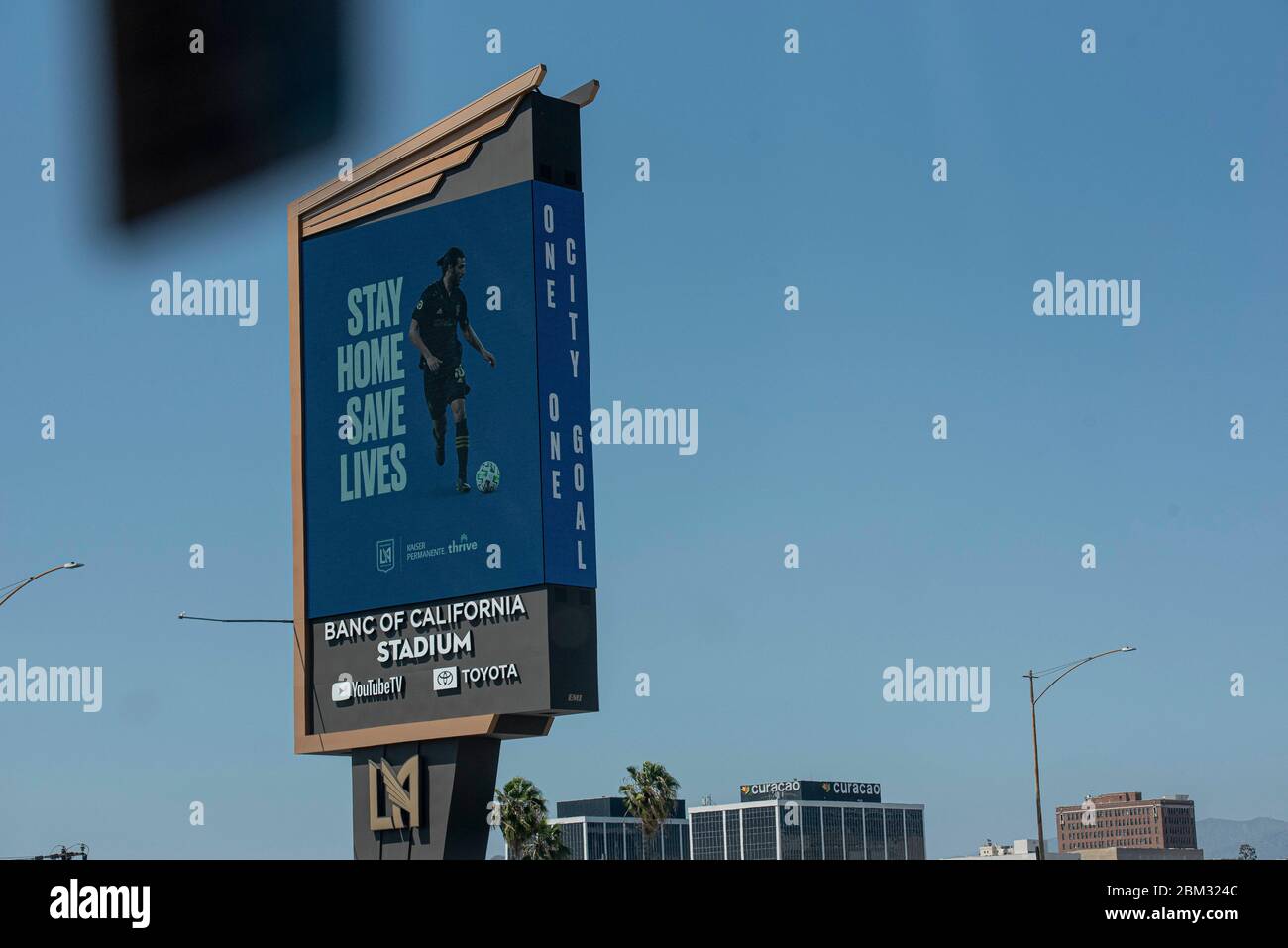 Los Angeles, California, USA. 3rd May, 2020. The Banc of California Stadium asks people to stay home as people go about daily life under COVID-19 restrictions in Los Angeles, California, on Sunday, May 3. Photo by Justin L. Stewart Credit: Justin L. Stewart/ZUMA Wire/Alamy Live News Stock Photo