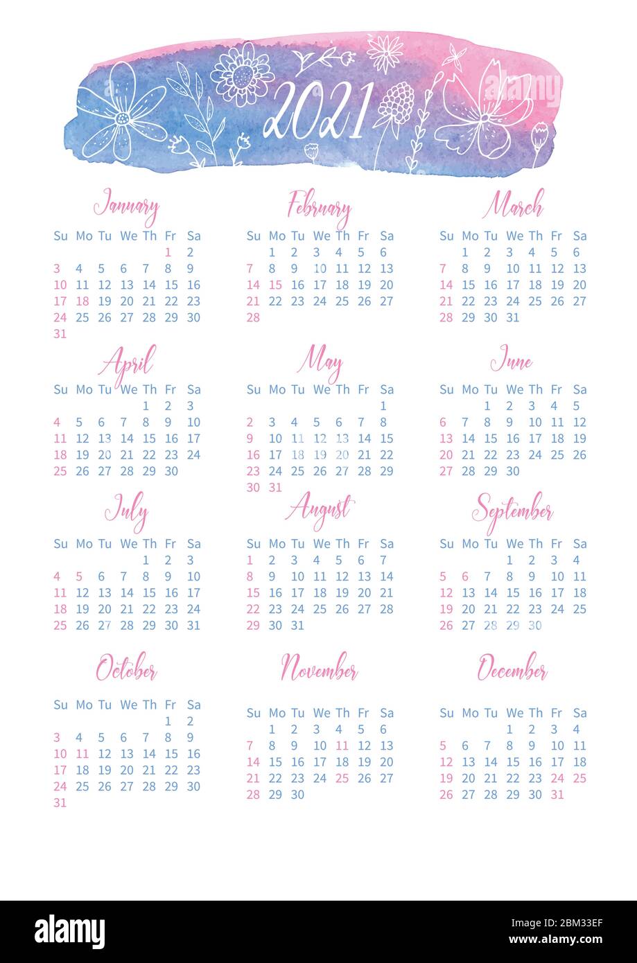 Calendar With Flowers And Watercolor Pink Blue Stain For 2021 Stock Vector Image Art Alamy calendario 2021 rosa