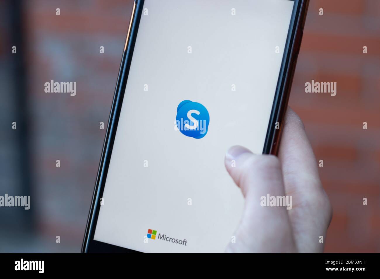 New York, USA - 1 May 2020: Skype app logo close-up on phone screen, Illustrative Editorial Stock Photo