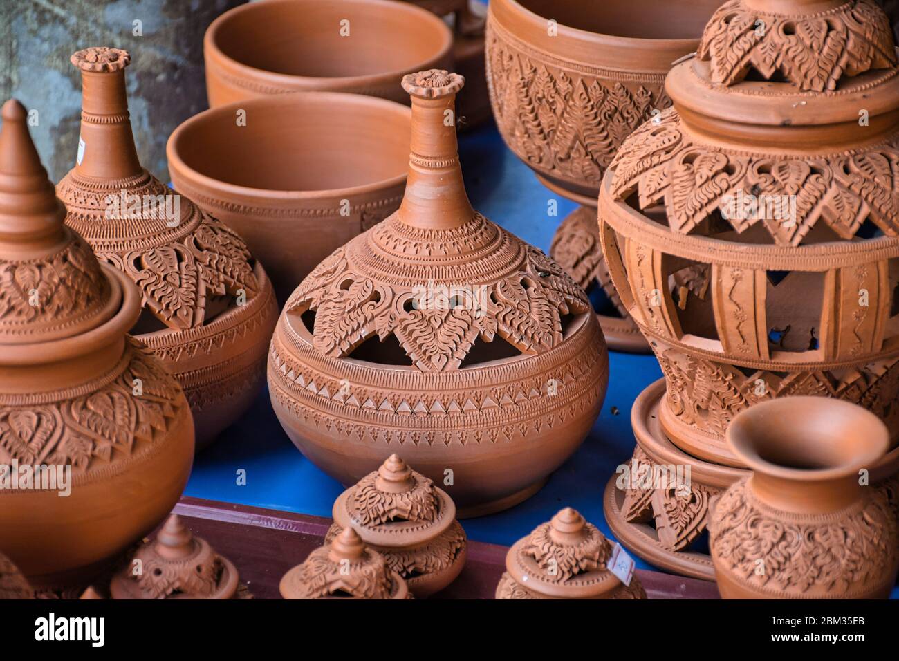 Koh Kret, Thailand 01.04.2020 Beautiful thai handmade pottery product