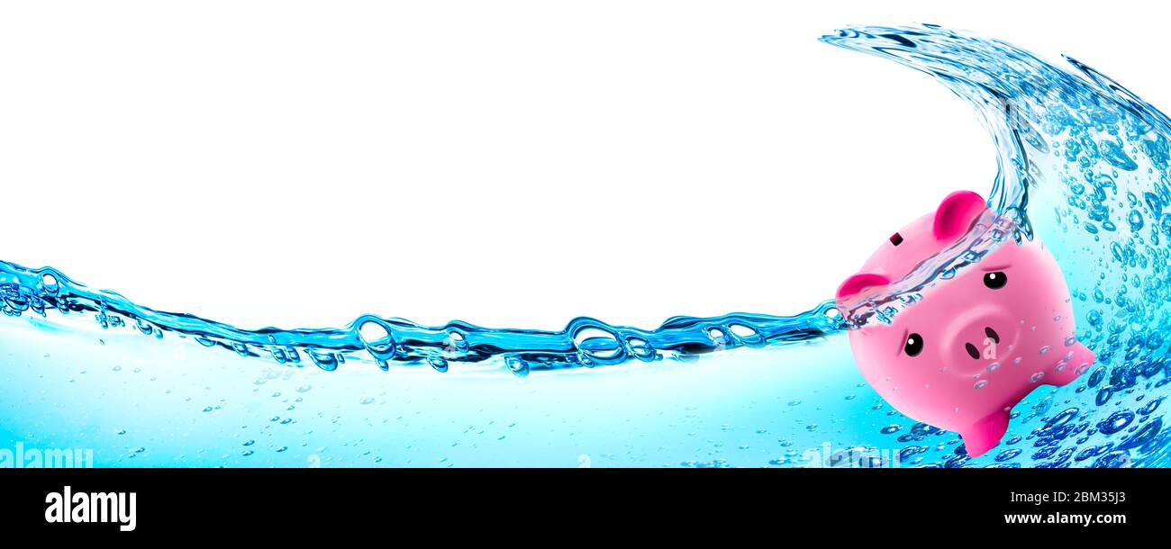 Pink Piggy Bank Under Water With Tidal Wave - Savings At Risk / Drowning In Debt Concept Stock Photo