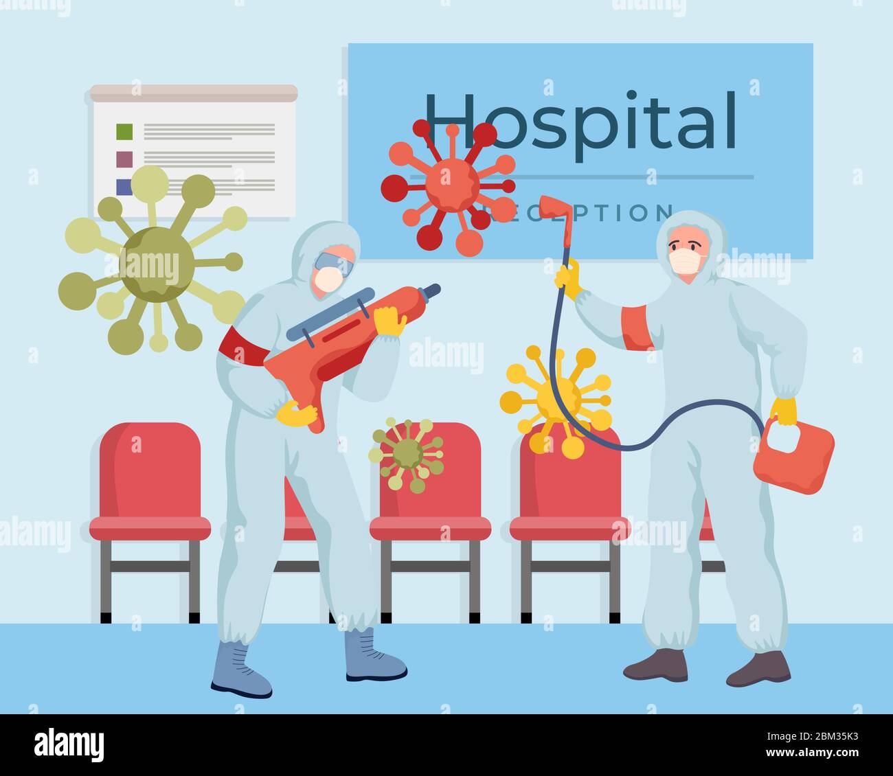 Medical workers in protective masks and suits disinfecting hospital during global pandemic of Coronavirus Covid-19 vector flat illustration. China respiratory influenza 2019-ncov outbreak concept. Stock Vector