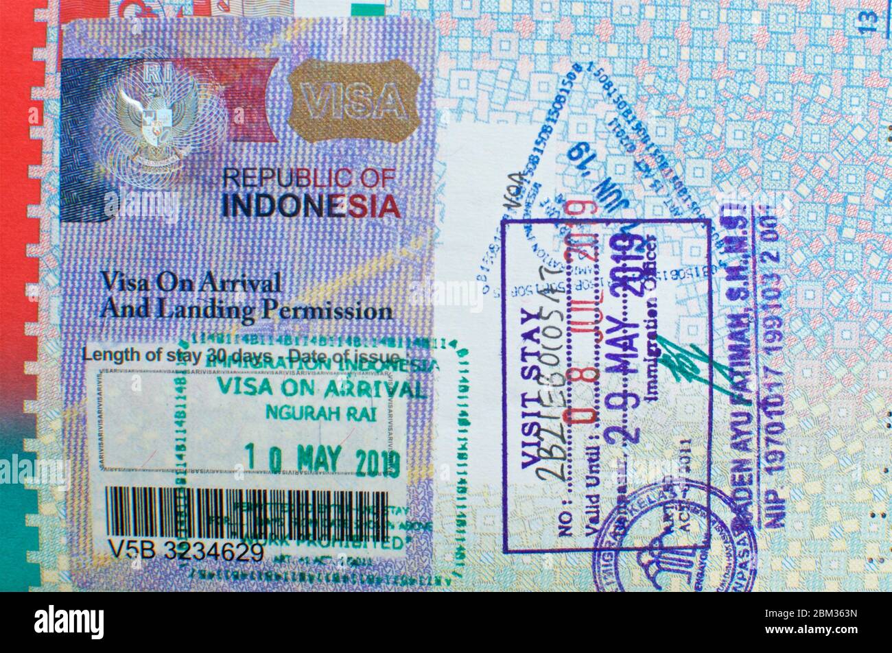 Ubud, Bali, Indonesia - 25th June 2019 : Close up of an Indonesian visa on  arrival sticker with stamps of entrance from Bali Ngurah Rai International  Stock Photo - Alamy