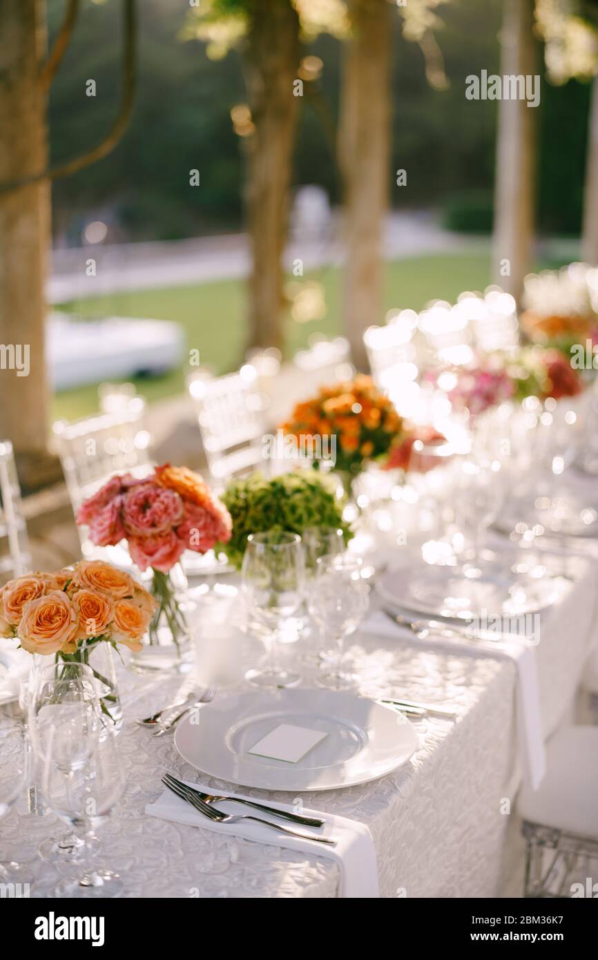 Wedding dinner table reception. View from above on white round plates