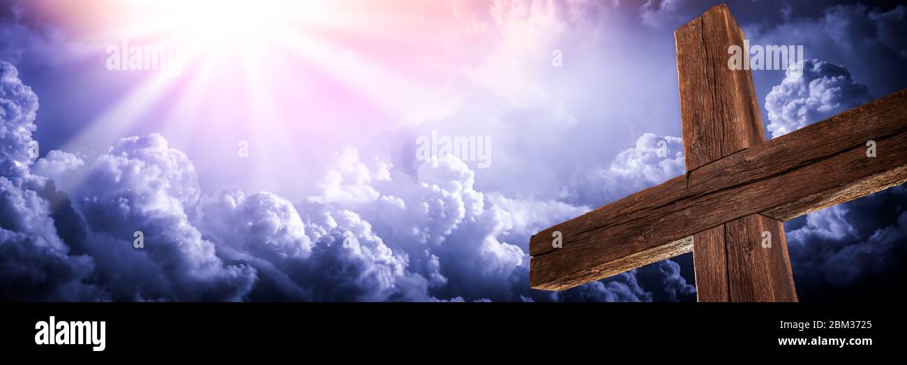 he Old Rugged Cross With Clouds And Glorious Light From Heaven - Crucifixion/Resurrection Of Jesus Christ Concept Stock Photo