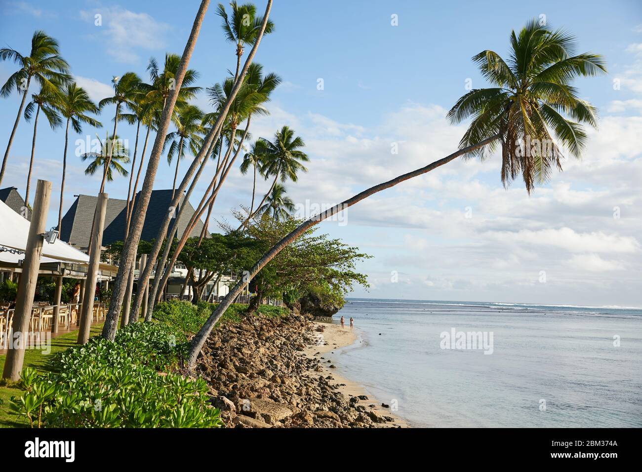 Palm trees sway in the wind at a resort on the tropical island of Fiji Stock Photo