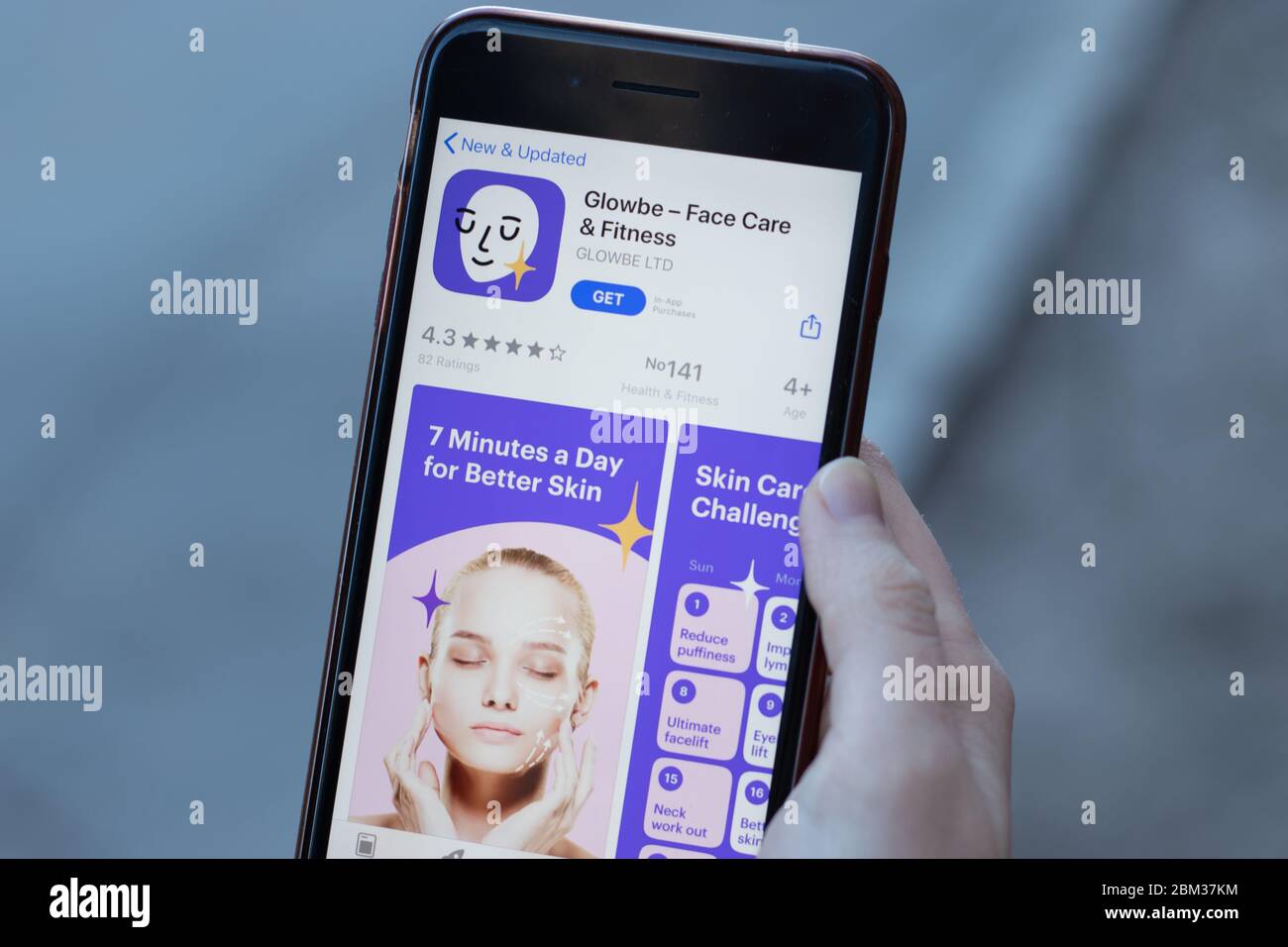New York, USA - 1 May 2020: Glowbe app logo close-up on phone screen, Illustrative Editorial Stock Photo