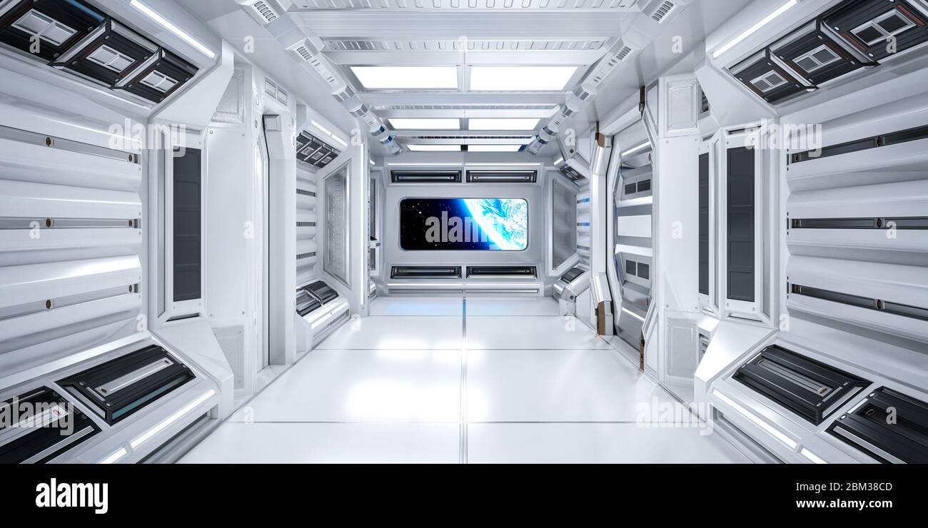 Futuristic Architecture Sci-Fi Corridor Interior in Space Station with Earth Planet View, 3D Rendering Stock Photo