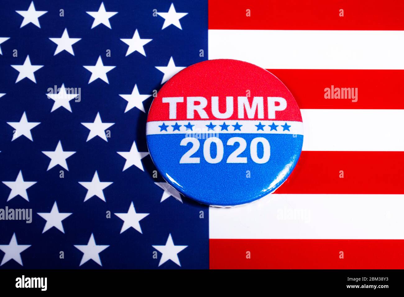 London, UK - May 5th 2020: Donald Trump 2020 badge portraying his campaign to run for a second term as President of the United States of America in 20 Stock Photo