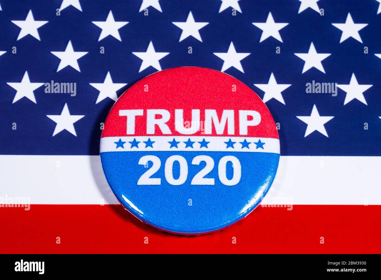 London, UK - May 5th 2020: Donald Trump 2020 badge portraying his campaign to run for a second term as President of the United States of America in 20 Stock Photo