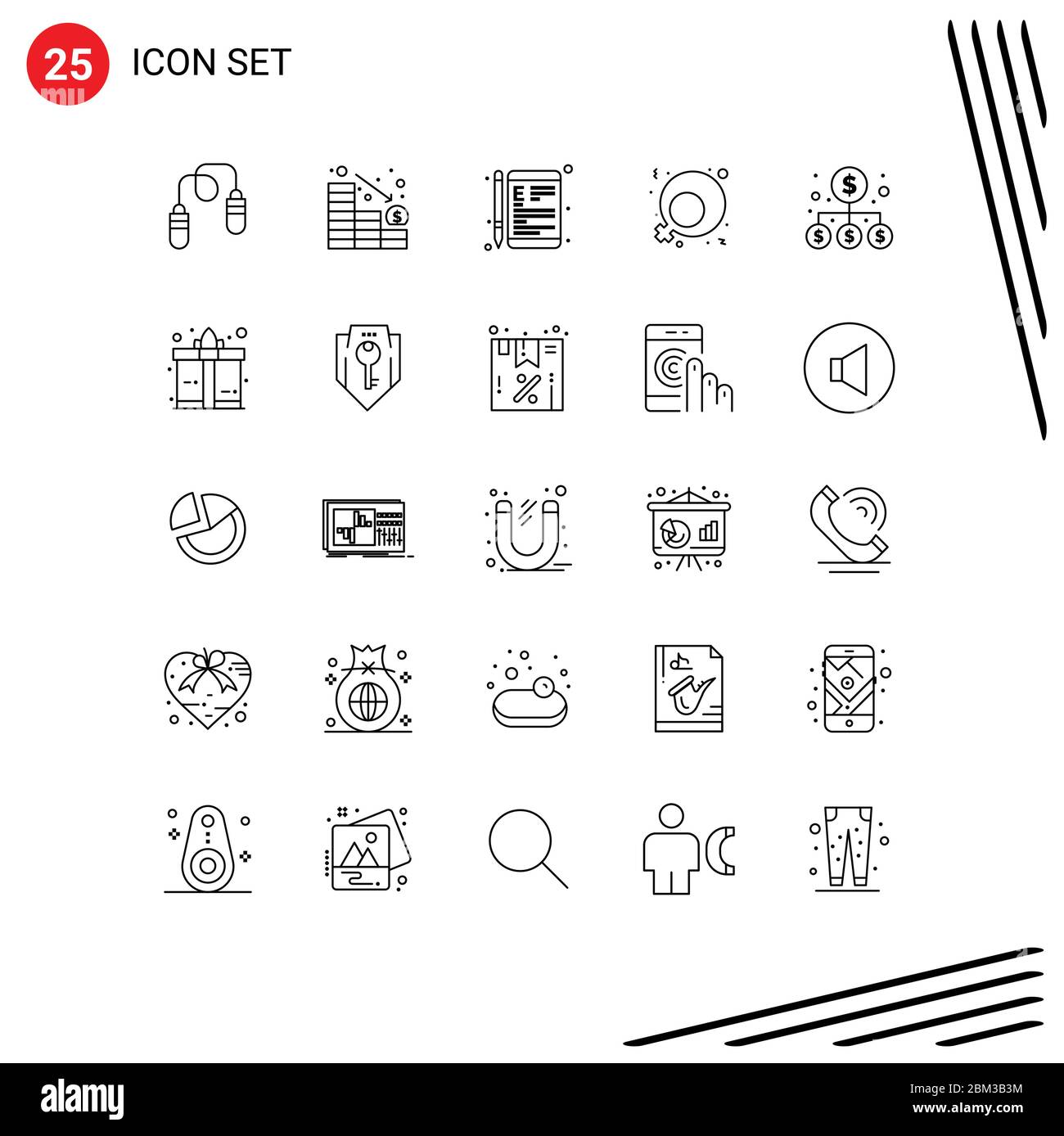 Set of 25 Commercial Lines pack for money, gender, online, feminism, education Editable Vector Design Elements Stock Vector