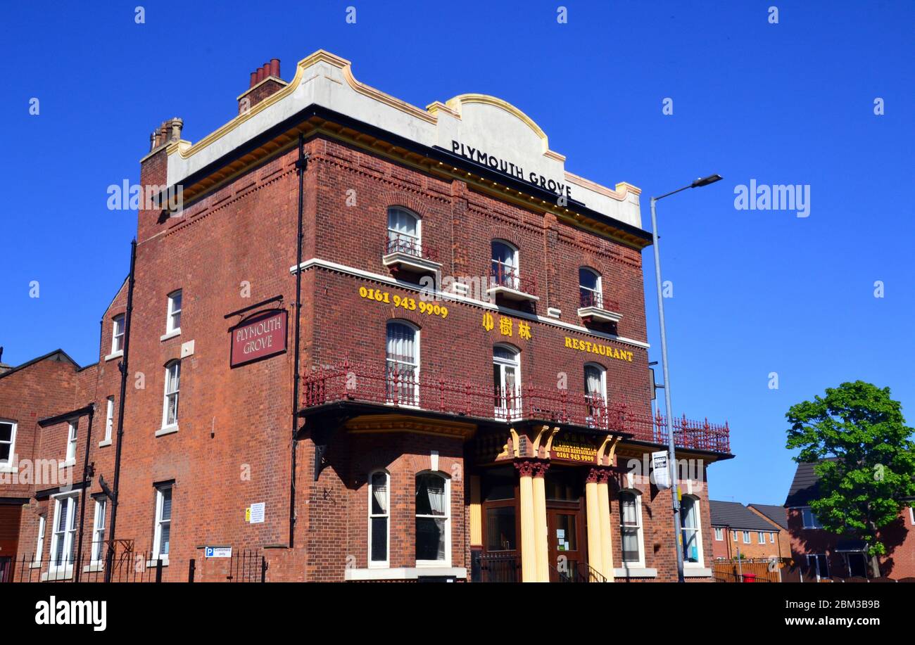 The Plymouth Grove, formerly a hotel, later a public house or pub, now a Chinese restaurant in 2020. Built in Manchester 1873, it is grade 2 listed. Stock Photo