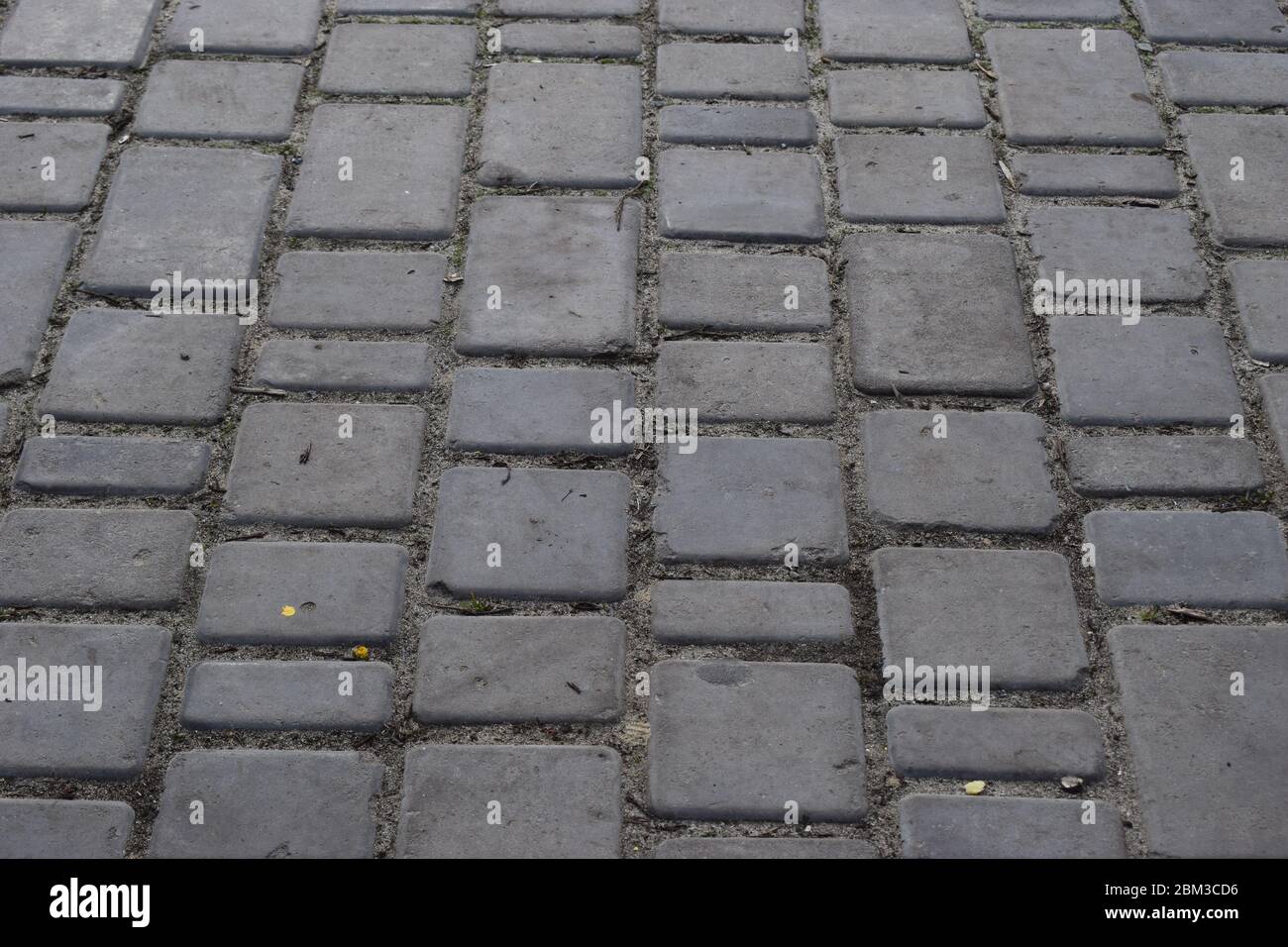 Brick pavement. Gray cobblestone pavement, background photo with perspective effect Stock Photo