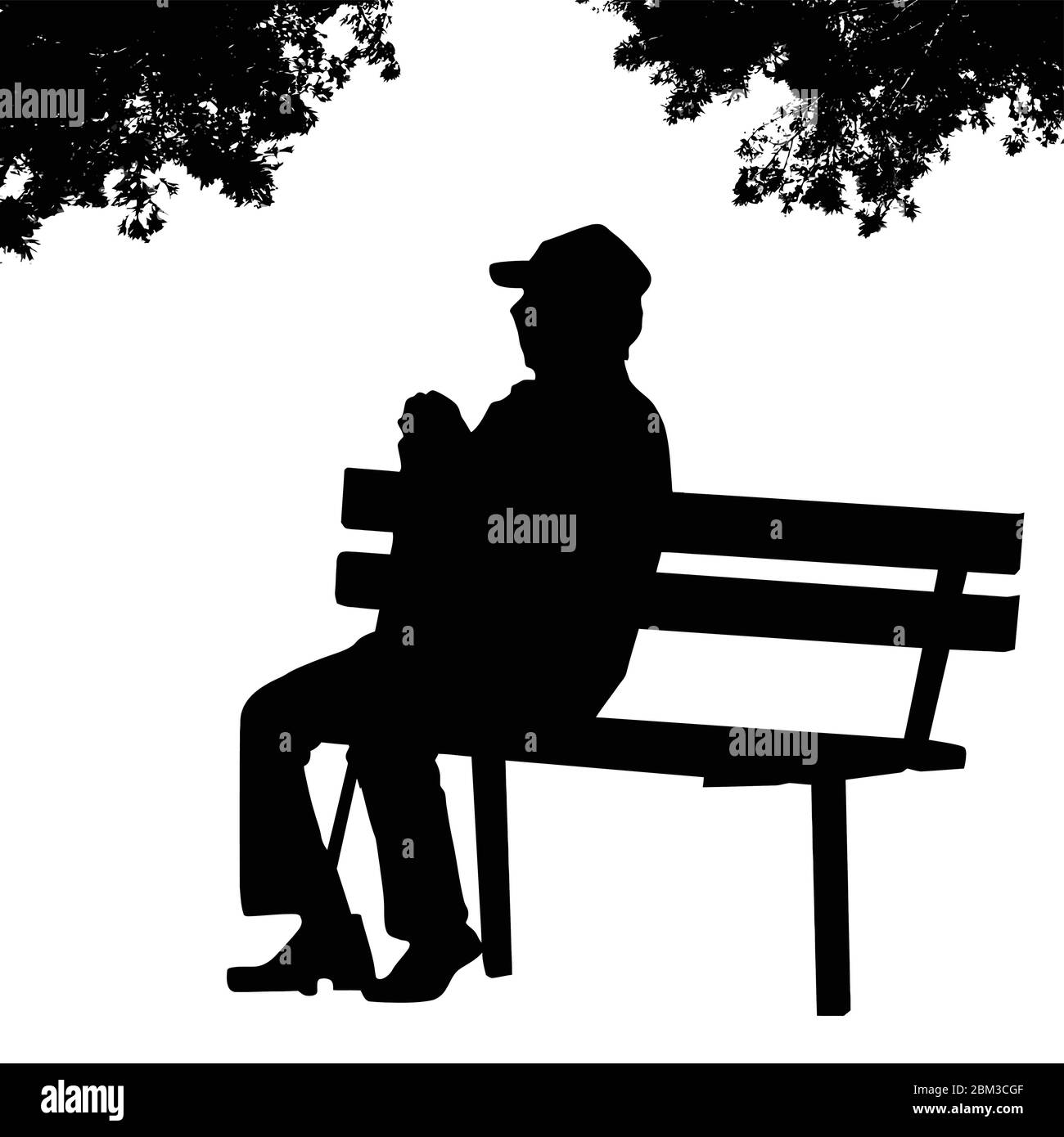 Old man silhouette sitting on a park bench on white background, vector illustration Stock Vector