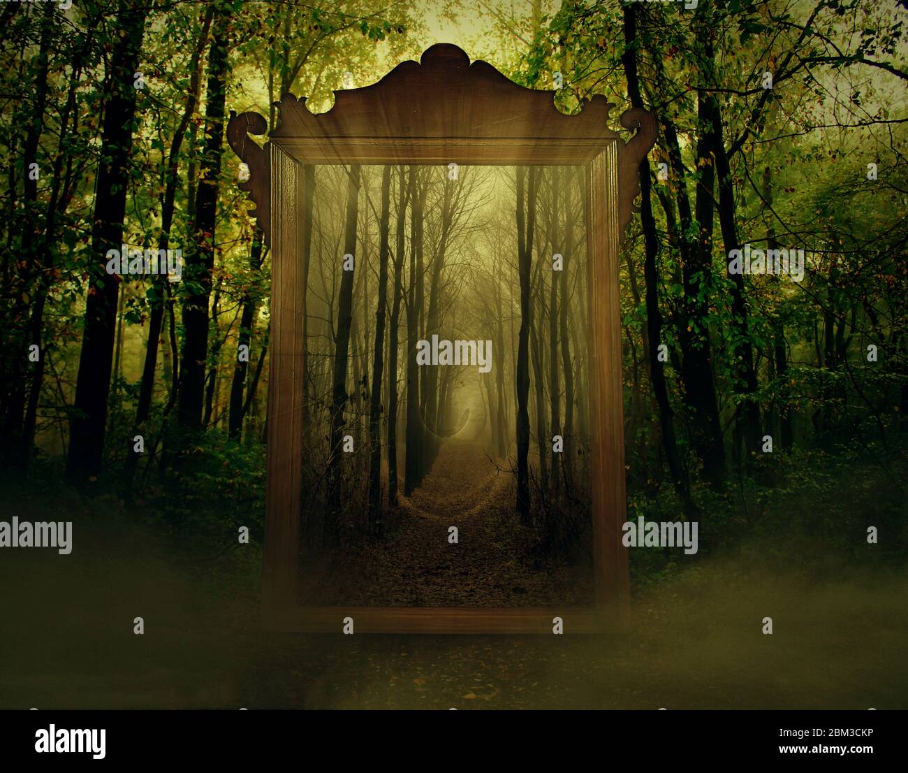 Mysterious magical mirror in a wood. Dark fantasy concept artistic design raster illustration. Mirror magical, fortune telling and fulfillment of desi Stock Photo