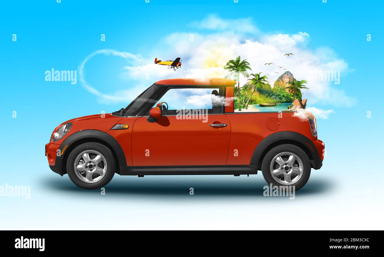 Red vintage car with an island and sea with palm trees with aircraft flying around through the clouds. Unusual summer travel 3d illustration. Summer v Stock Photo