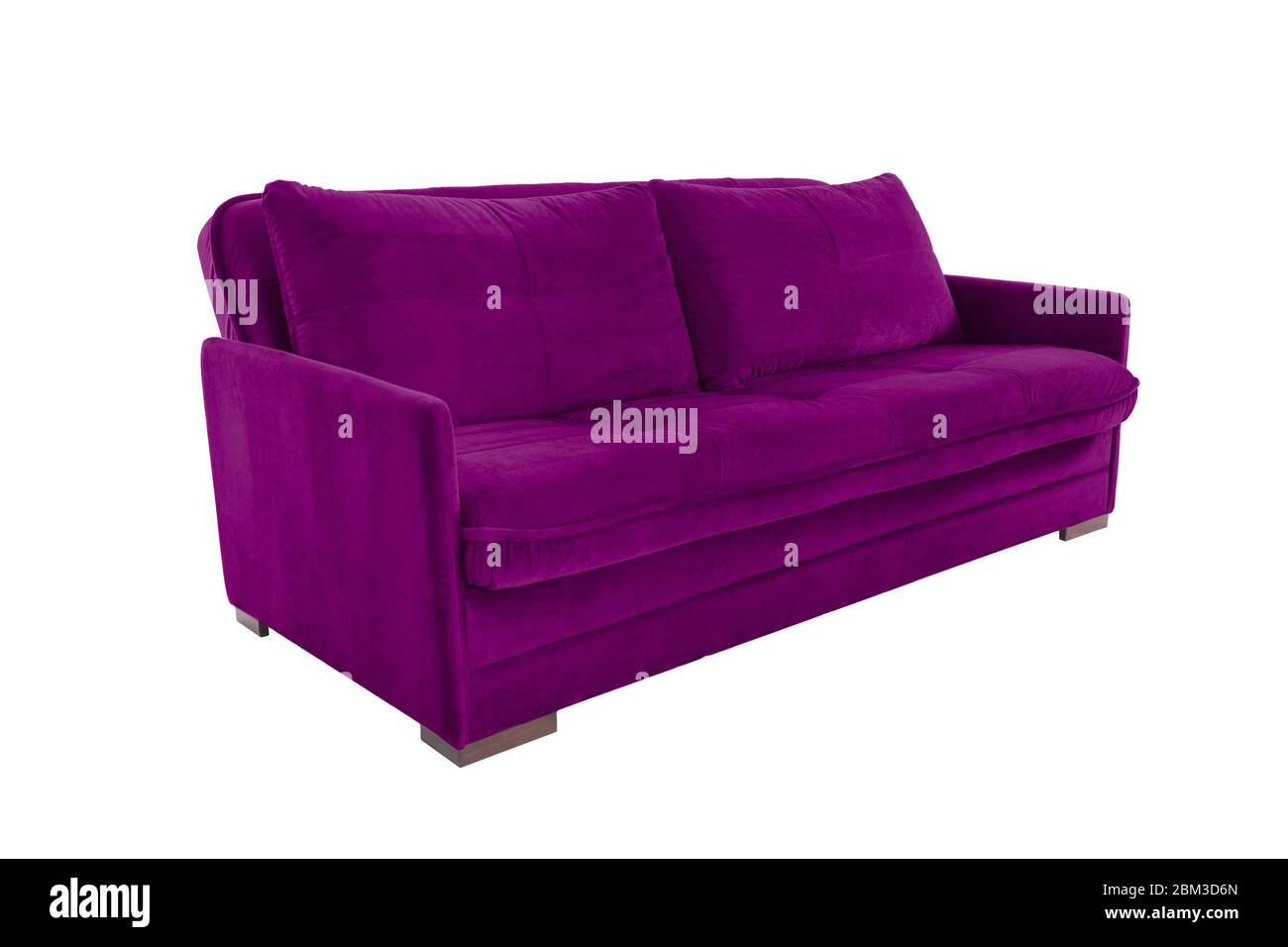 Three seats cozy brown fabric sofa isolated on white background Stock