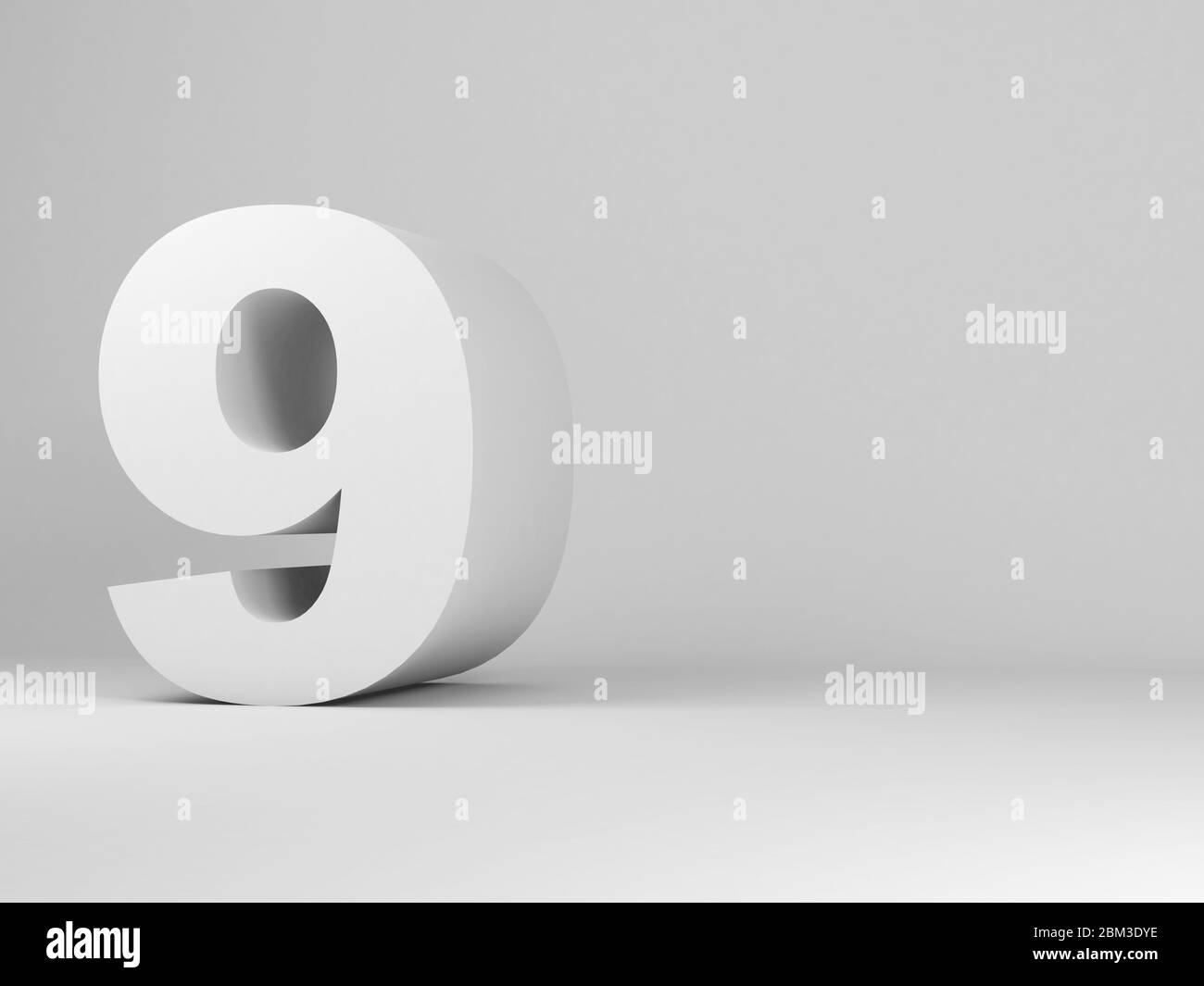White digit nine installation in an empty studio room, 3d rendering illustration Stock Photo