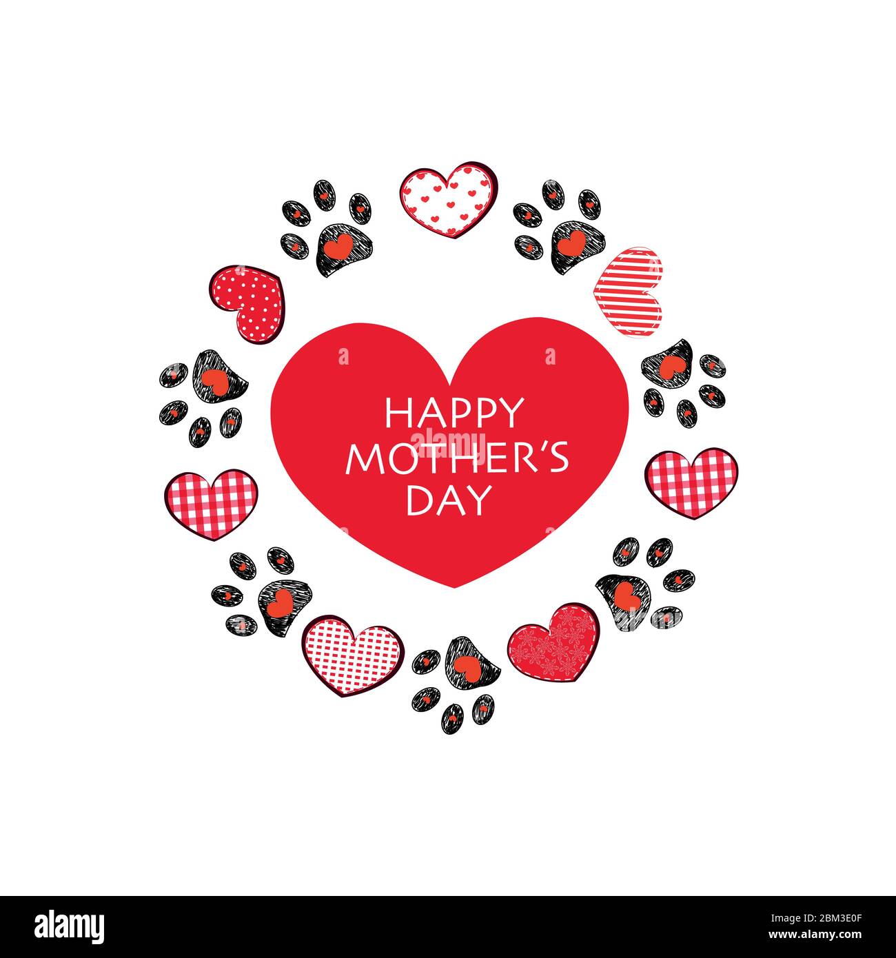 Retro red hearts and doodle paw prints. Happy Mother's Day greeting ...