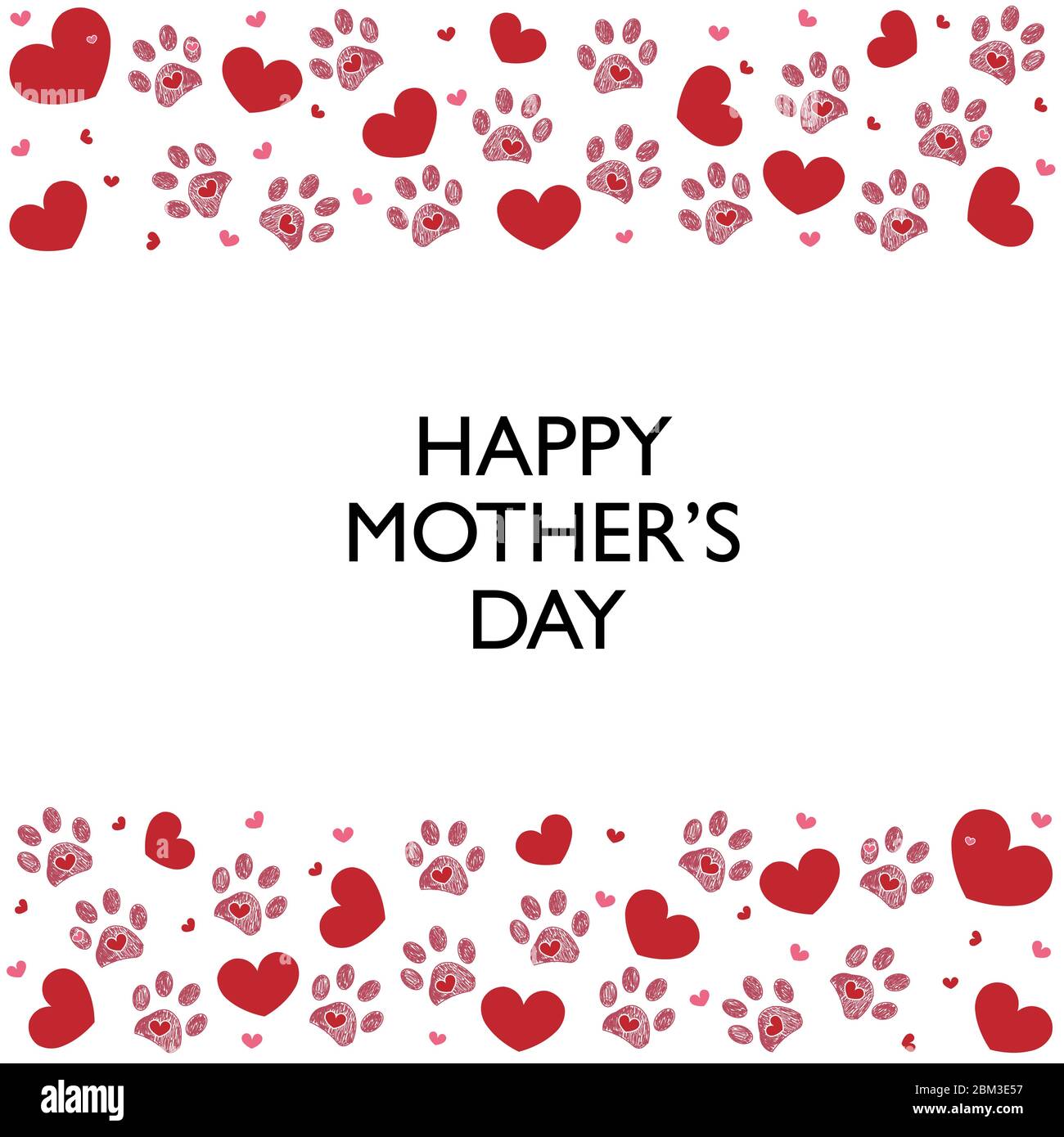 Red hearts and paw prints. Happy Mother's day text. Greeting card ...