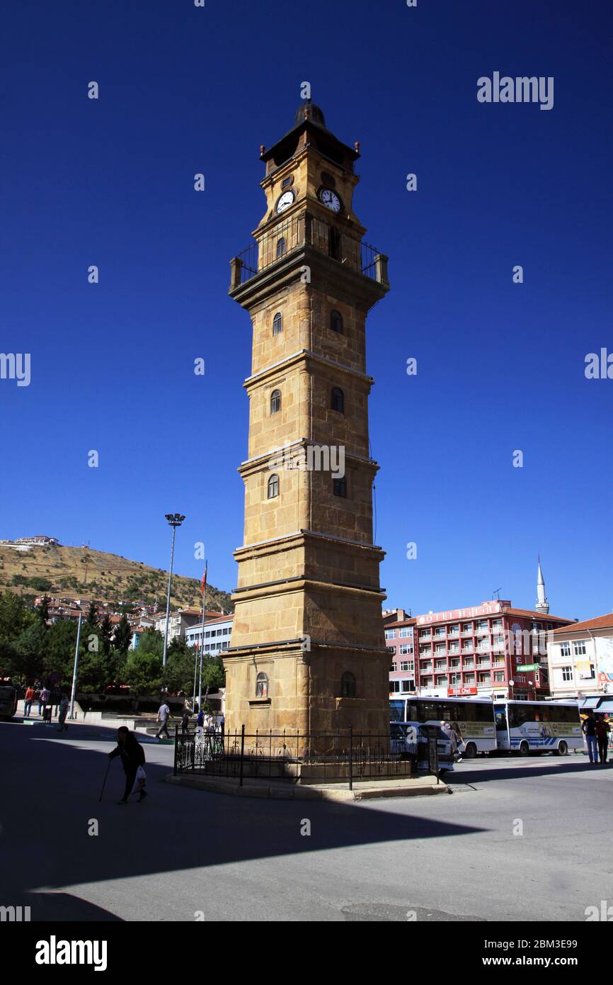 Yozgat Clock Tower is situated in the middle of the square in Yozgat city center, Turkey. Stock Photo