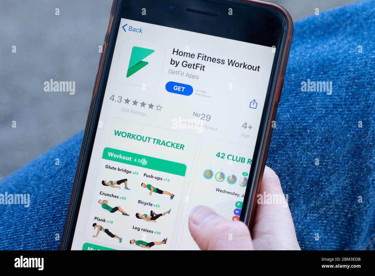 New York, USA - 1 May 2020: Home Fitness Workout by GetFit app logo close-up on phone screen, Illustrative Editorial Stock Photo