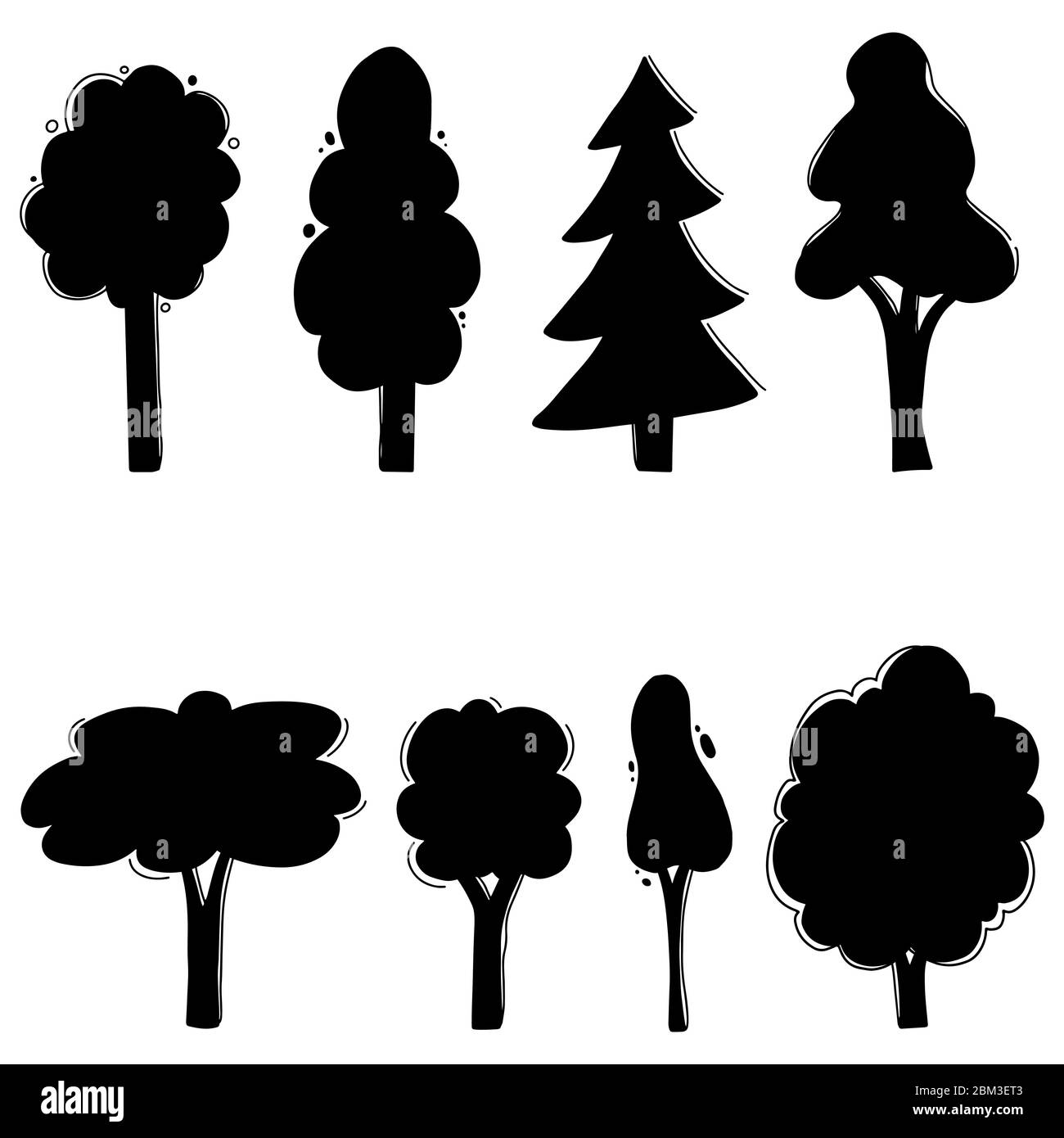 Set of cartoon tree with hand drawn elements isolated. Nature flat tree