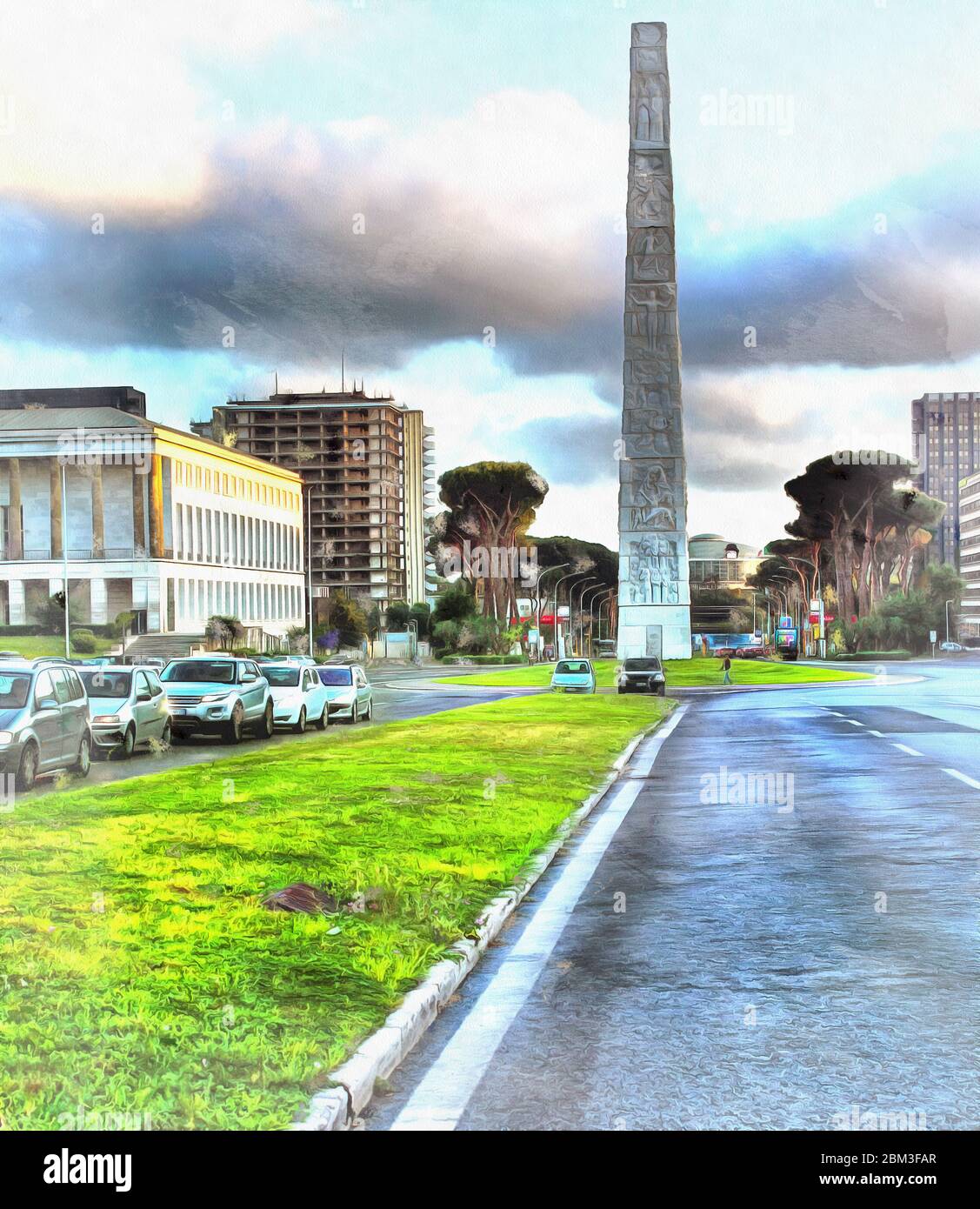 Piazza Guglielmo Marconi colorful painting looks like picture, Rome