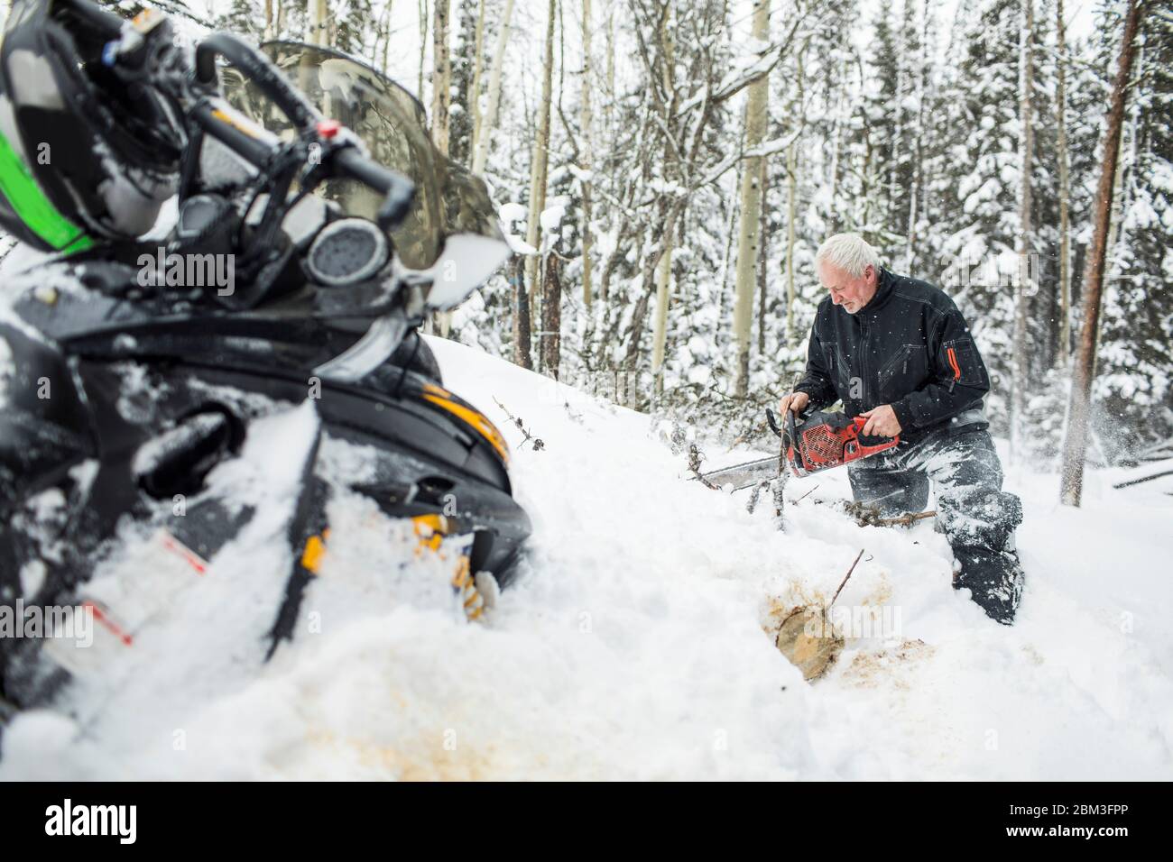 Retired elderly man using chainsaw to clear trails while snowmobiling. Stock Photo