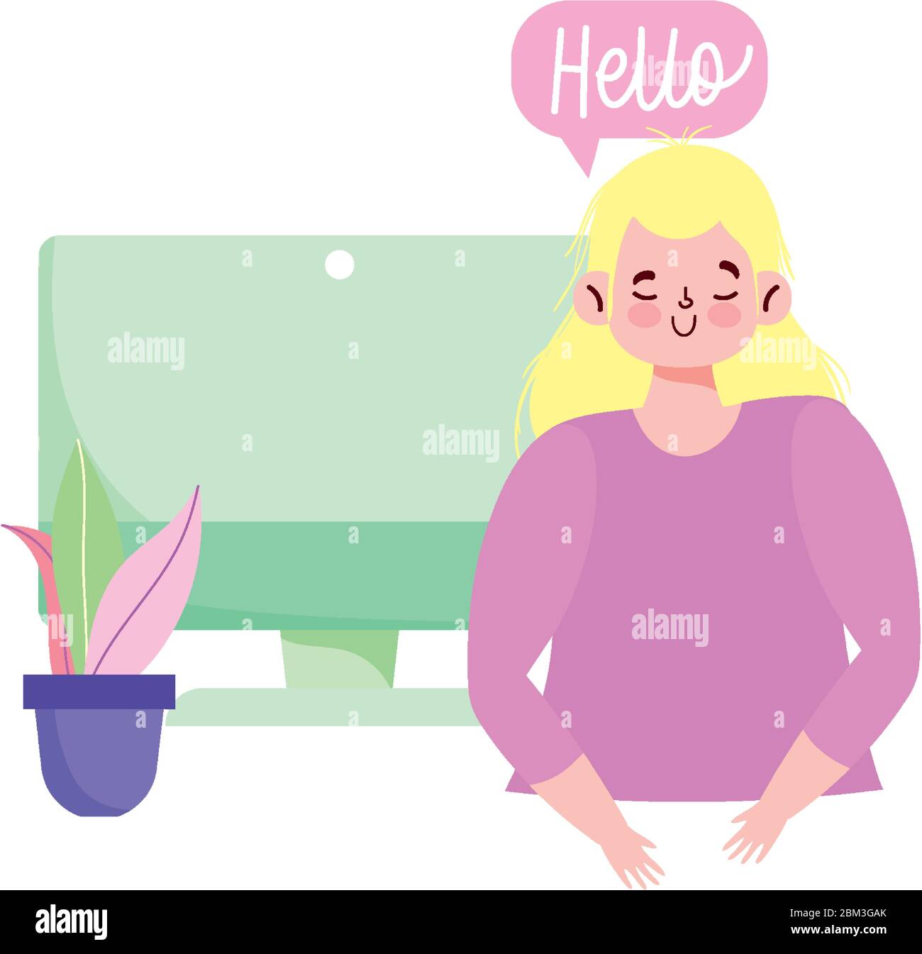 people communication and technology, young woman computer hello bubble ...