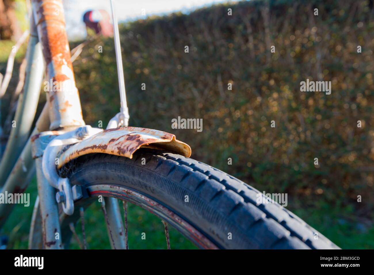 A front on close up image of an old rusting bicycle front wheel, brake pads, mudguard and goose-neck in afternoon sun Stock Photo