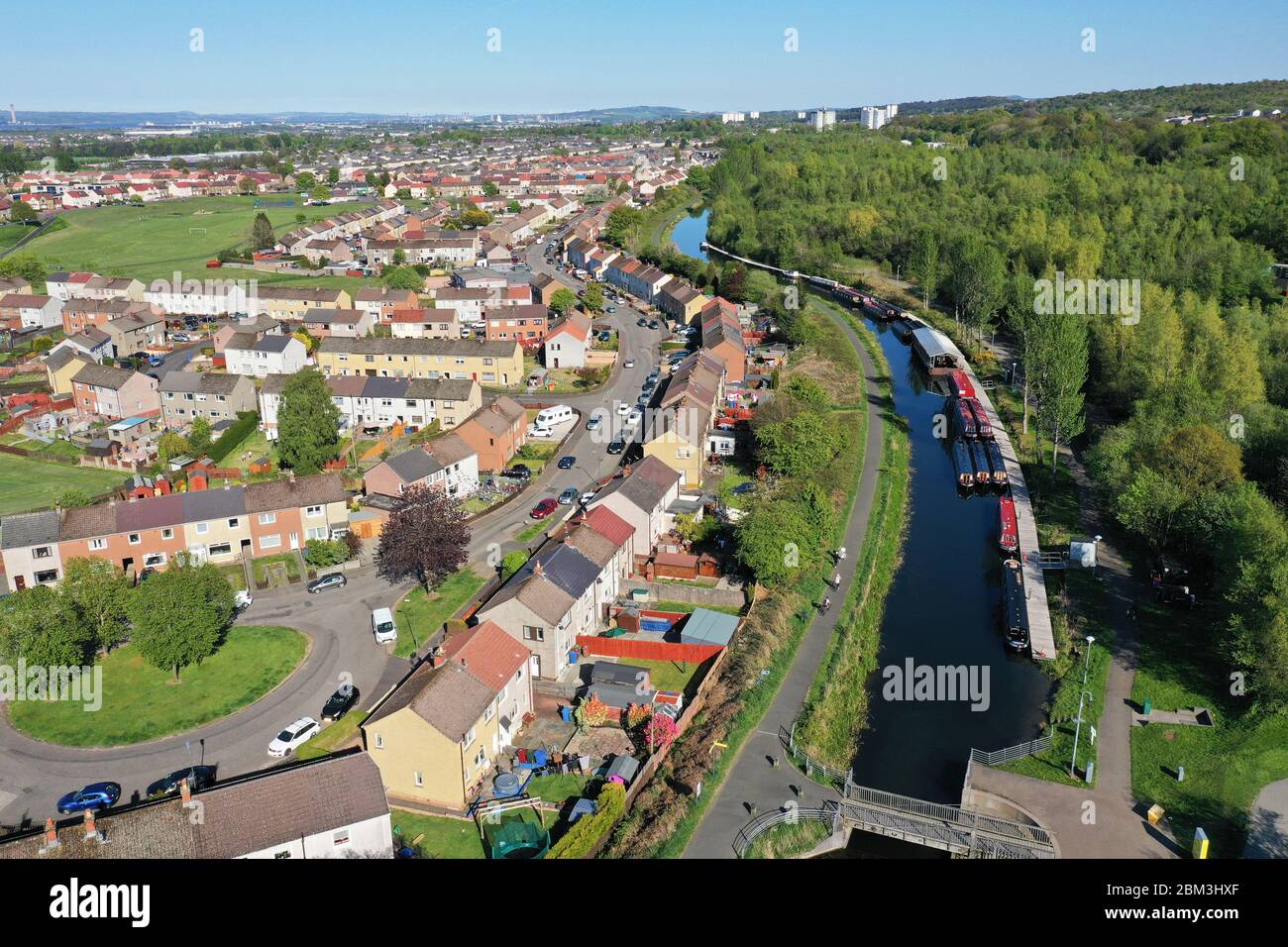 Aerial drone view of Forth and Clyde Canal in Falkirk Stock Photo