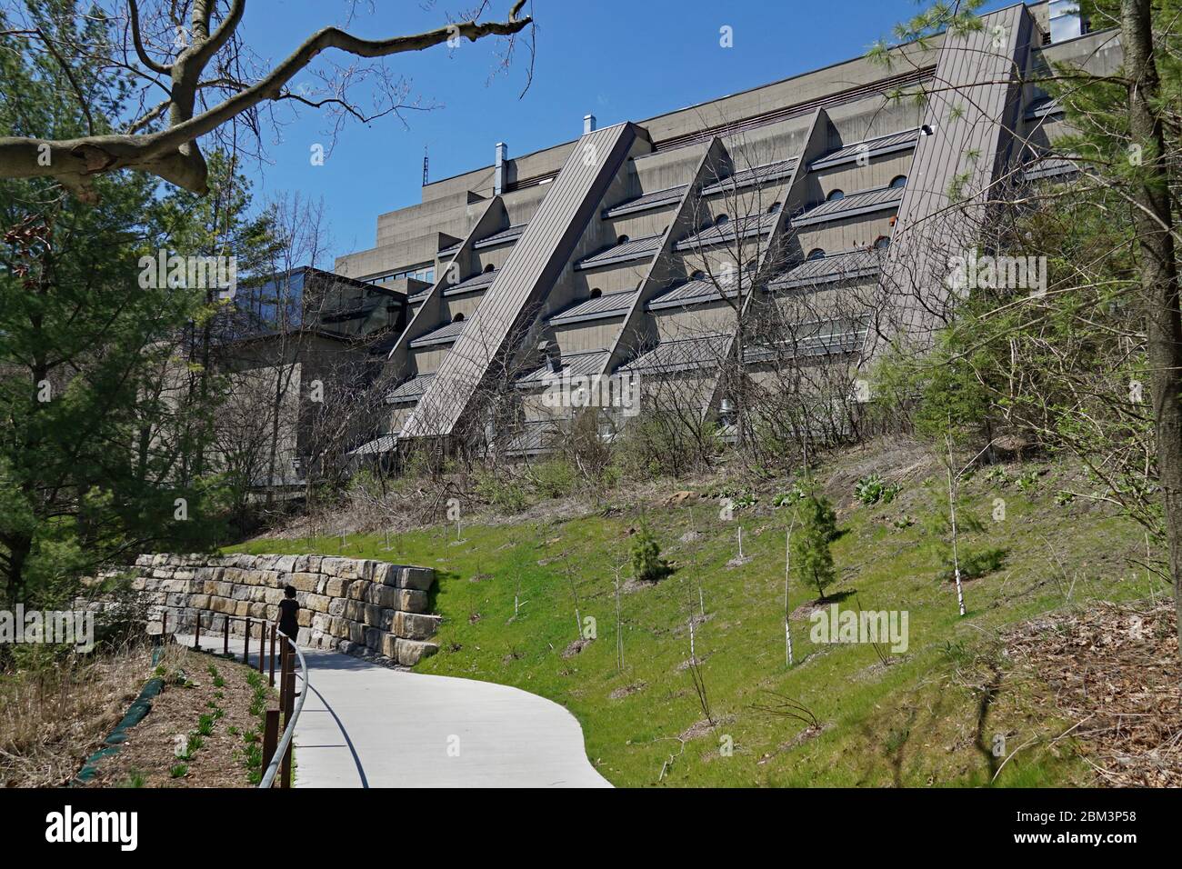 TORONTO - MAY 2020:  The suburban Scarborough campus of the University of Toronto is perched on a hillside above a wilderness area with riding and hik Stock Photo