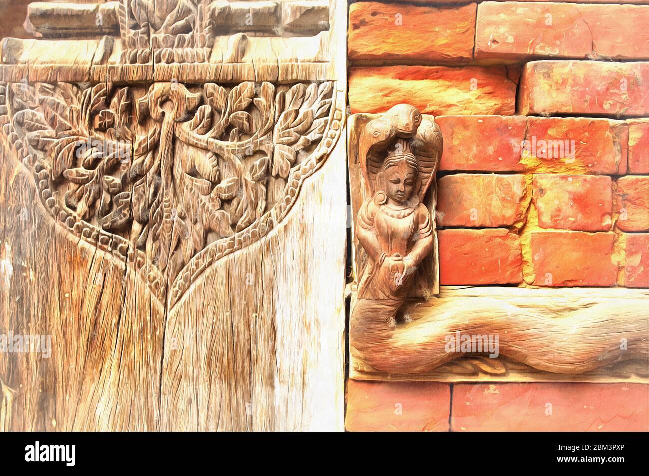 Wood carving in Hanuman Dhoka Royal Palace Complex colorful painting looks like picture