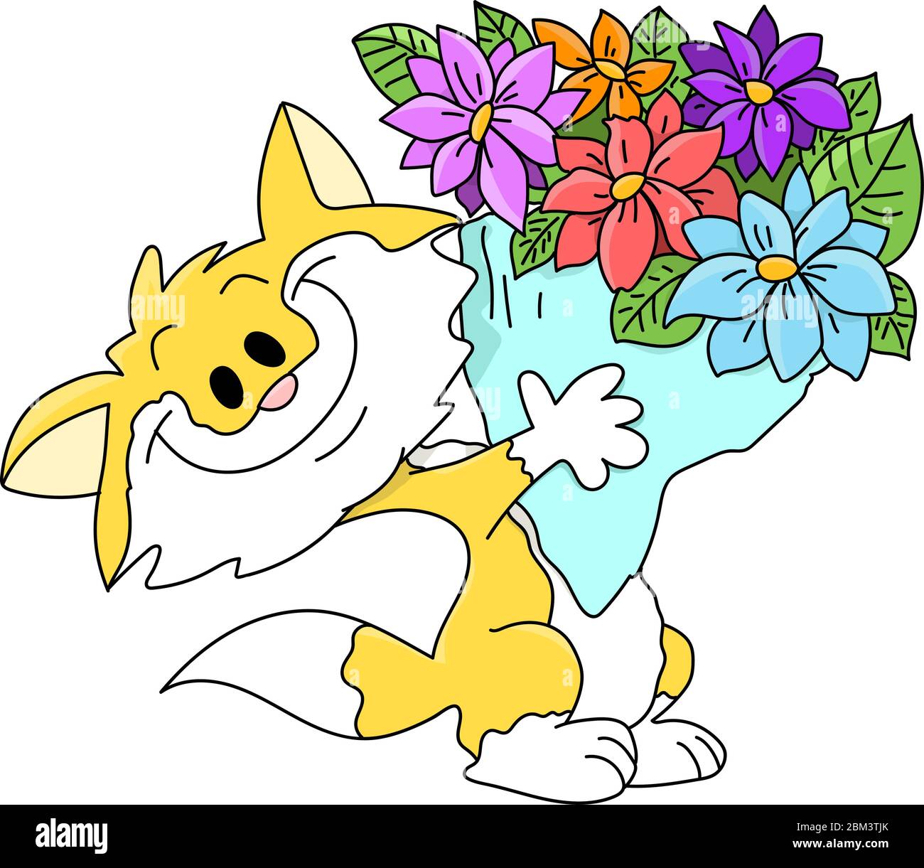 Cartoon cat holding a bouquet of flowers vector illustration Stock Vector