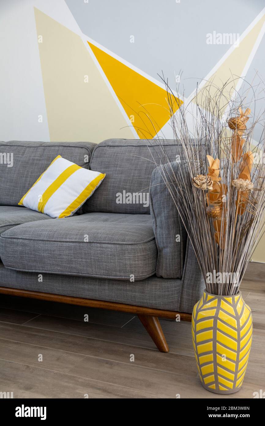 Stylish Scandinavian Style Cozy Living Room Interior With Comfortable Grey Sofa Stock Photo Alamy