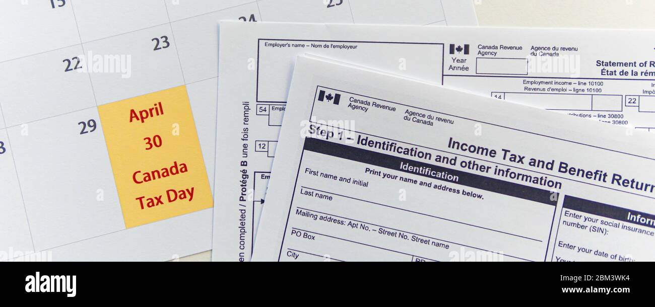 Canada Tax forms with Calender showing Canada Tax day April 30 Stock