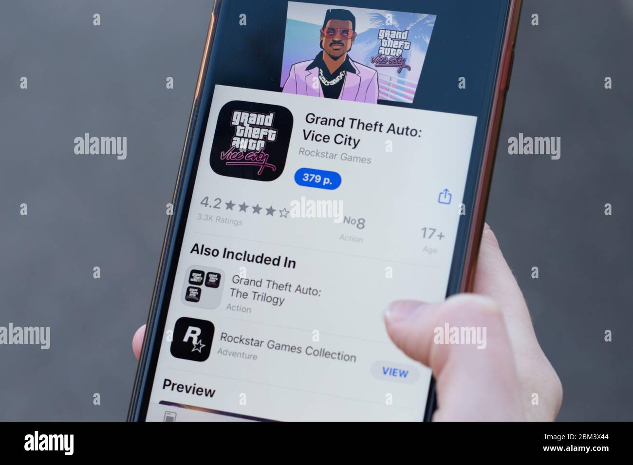 New York, USA - 1 May 2020: Grand Theft Auto Vice City app logo close-up on phone screen, Illustrative Editorial Stock Photo