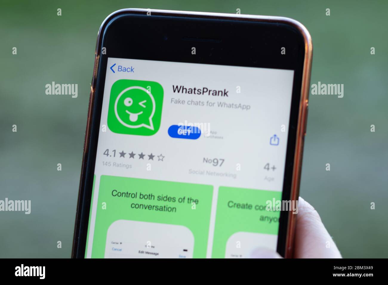 New York, USA - 1 May 2020: WhatsPrank app logo close-up on phone screen, Illustrative Editorial Stock Photo