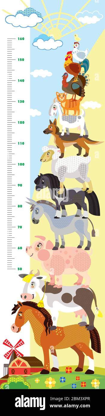 Height meter with pyramid of farm animals vector cartoon illustration in flat style. Vector vertical scale measurement with cute animals for children. Stock Vector