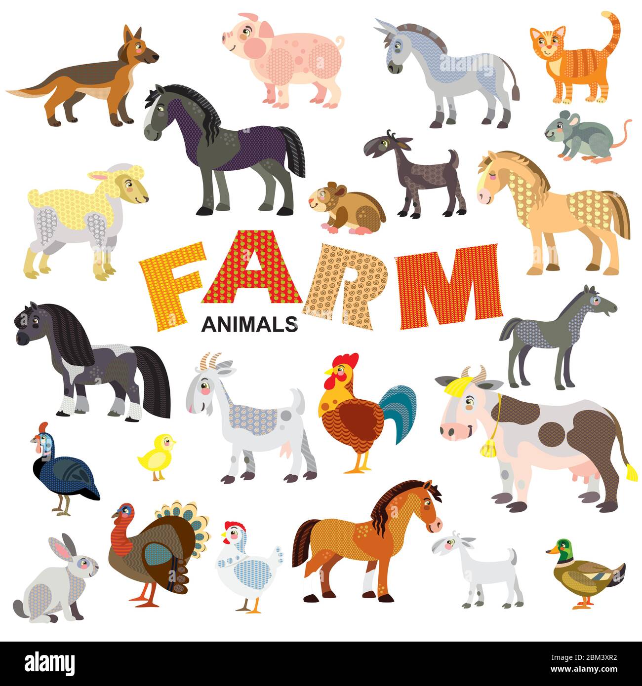 Farm animals in front view and side view large vector cartoon set in flat style isolated on white background. Vector illustration of animals for child Stock Vector