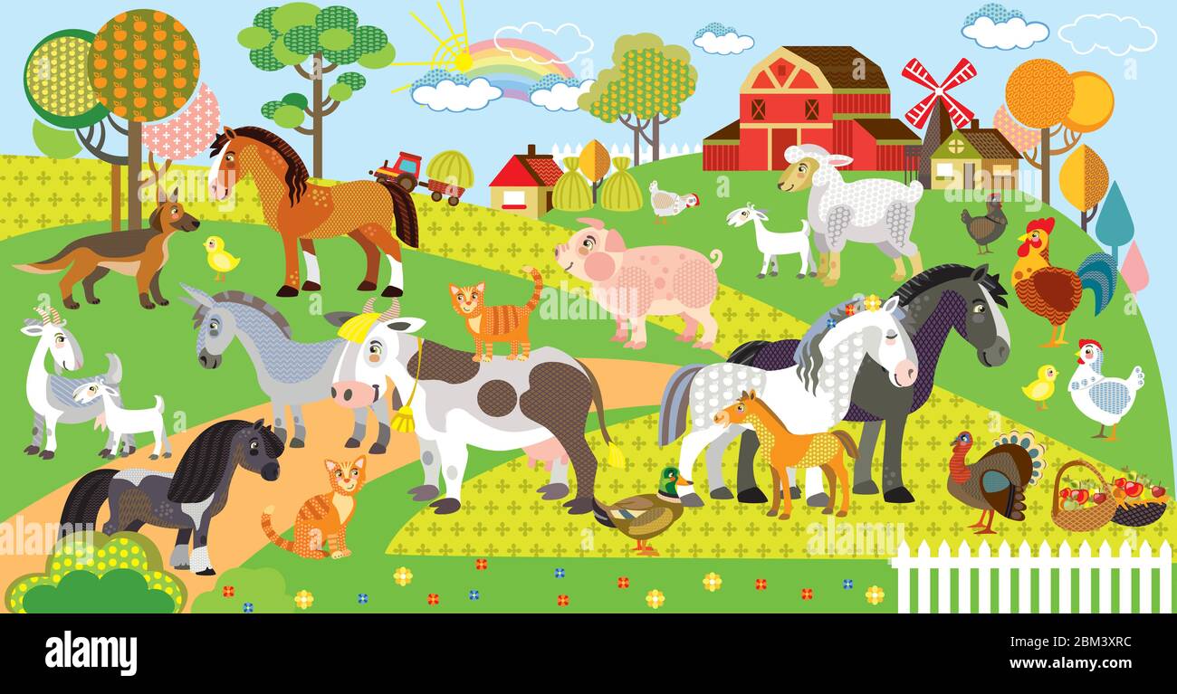 Farm animals vector cartoon illustration in flat style. Vector horizontal set of funny cute animals on farm. Great for printed products and souvenirs. Stock Vector