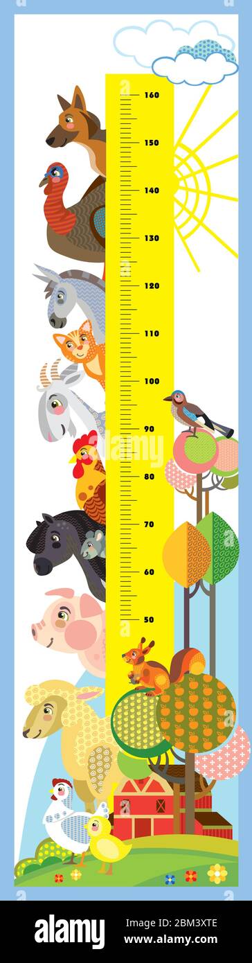 Height meter with pyramid of farm animals heads vector cartoon illustration in flat style. Vector vertical scale measurement with cute animals for chi Stock Vector